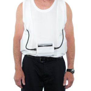 Men’s White LVAD Tank Top with breathable spandex material, secure controller pocket, and discreet battery storage.